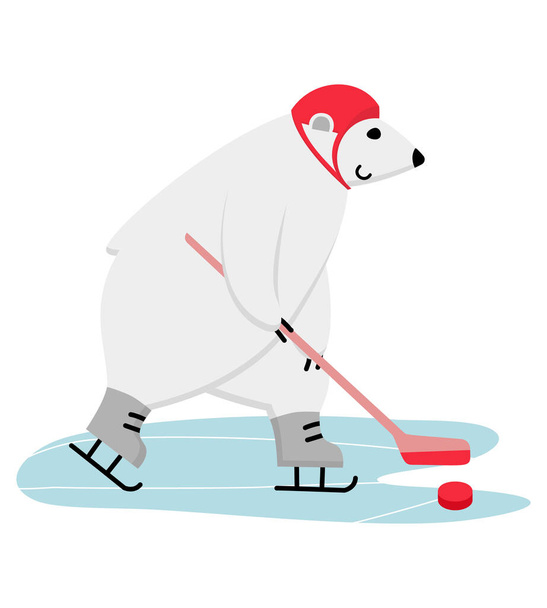 Ours polaire joueur de hockey sur glace. Drôle de mascotte patiner avec bâton et rondelle en attaque. - Vecteur, image