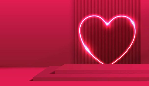 Happy valentines day and stage podium decorated with heart shape lighting. pedestal scene with for product, cosmetic, advertising, show, award ceremony, on pink background. vector design. - Vektor, obrázek