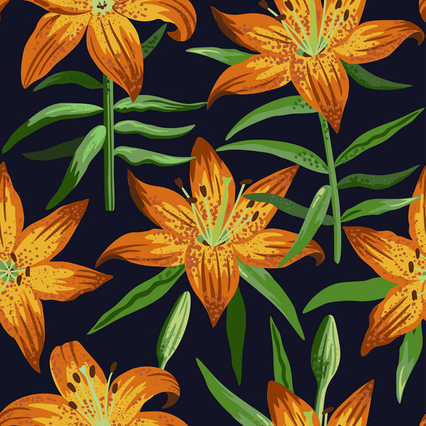 Seamless pattern with garden orange lilies in artistic realistic style. - Vettoriali, immagini