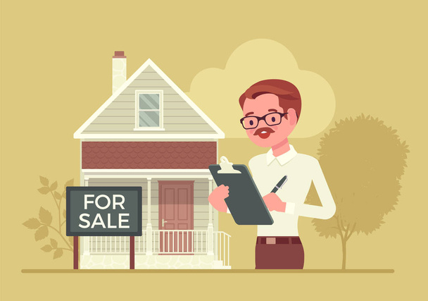Estate agent, smart male realtor listing, marketing home - Vector, Image