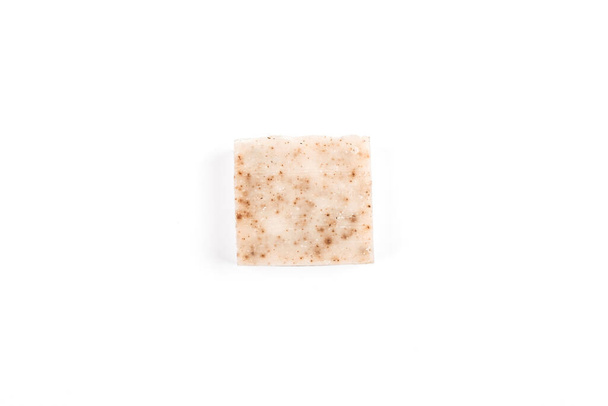 Flatlay with bar of soap isolated on white background. Zero waste concept. - Zdjęcie, obraz