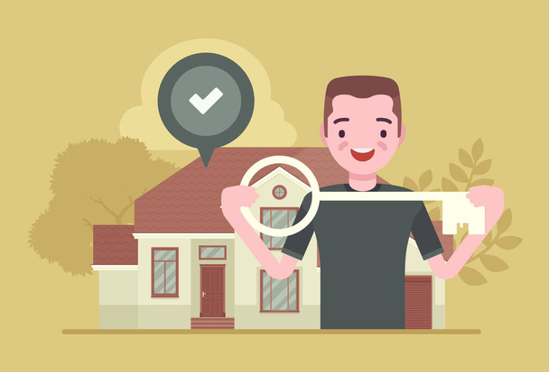 Happy homeowner, young man with a key, owns the house - Vector, Image