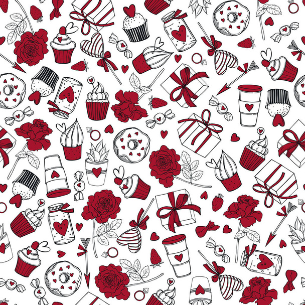 Bonbons et pâtisseries dessinés à la main pour la Saint-Valentin sur fond blanc. Modèle sans couture vectoriel
  - Vecteur, image
