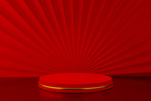 Red round podium stage with paper art fan Chinese style background for celebration Chinese New Year, 3D Rendering. - Photo, Image