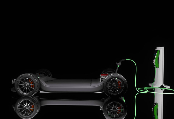 Cadre générique de batterie de voiture électrique étant chargé dans un rendu 3D de réglage de studio - Photo, image