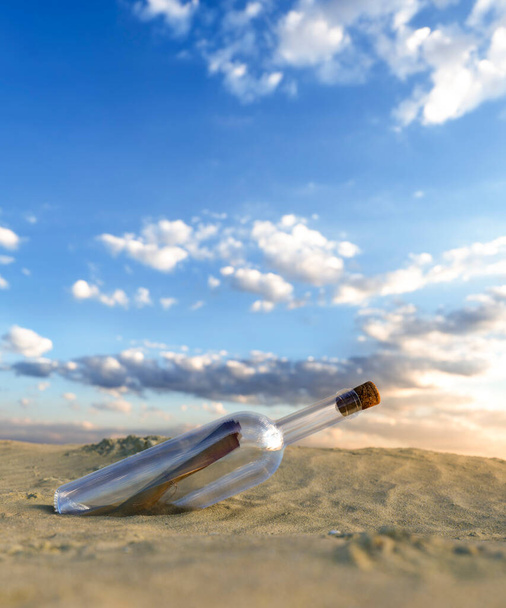 Nachricht in einer Glasflasche, angespült an einen Strand und Sonnenaufgang 3D-Rendering - Foto, Bild