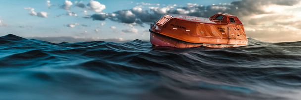 Orange bateau de sauvetage d'urgence dans l'océan en attente d'être secouru après une tempête rendu 3d - Photo, image