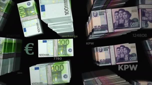 Евро и Северная Корея выиграли обмен валюты. Бумажные банкноты упакованы. Концепция торговли, экономики, конкуренции, кризиса, банковского дела и финансов. Notes loopable seamless 3d animation. - Кадры, видео