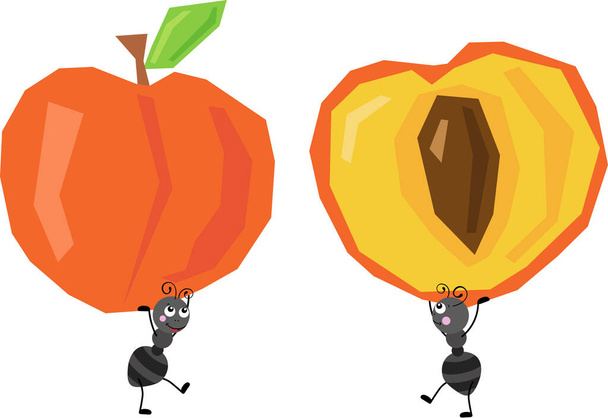 Söpö kaksi muurahaista kuljettaa hauskoja persikoita - Vektori, kuva