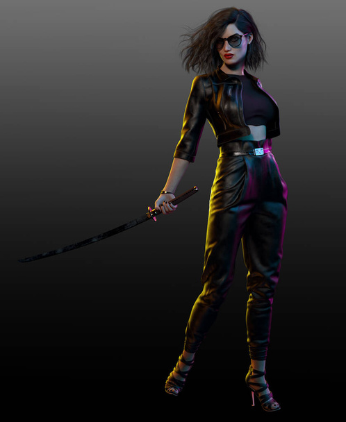Urban Fantasy or Cyberpunk  Retro Woman in Leather Pants with Katana - Foto, Bild