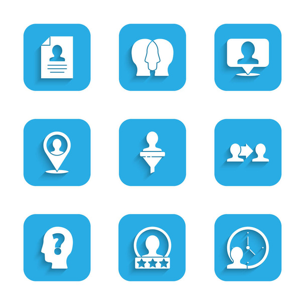 Set Head hunting, Create account screen, Time Management, Project team base, with question mark, Location person,  and Resume icon. Vector - Wektor, obraz