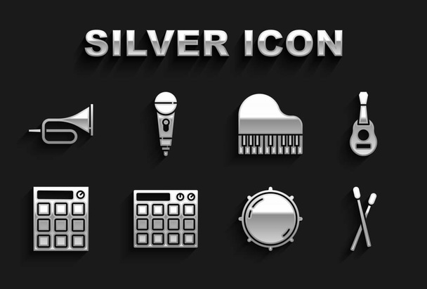 Set Drum machine, Guitar, sticks, Dial knob level, Grand piano, Trumpet and Microphone icon. Vector - Vector, Image