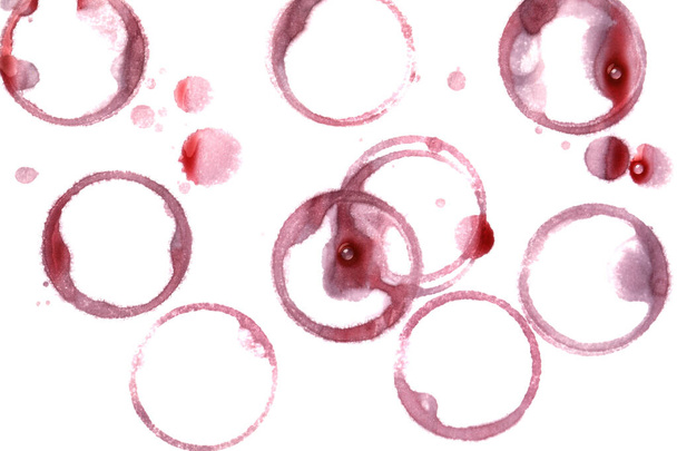 Red wine rings and drops on white background, top view - Фото, зображення