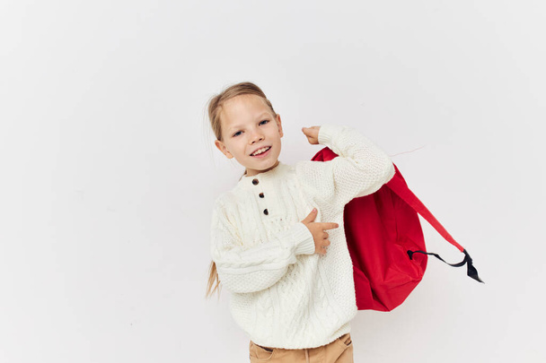 cute girl school red backpack posing childhood unaltered - Fotografie, Obrázek