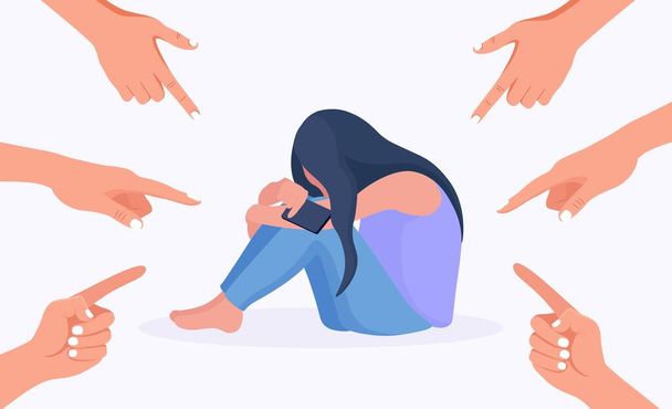 Traurige oder depressive junge Frau weint und bedeckt ihr Gesicht. Mädchen umgeben von Händen mit Zeigefingern, die auf sie zeigen. Mobbing, Anschuldigungen, öffentliche Zensur und Opfer-Schuldzuweisungen - Vektor, Bild