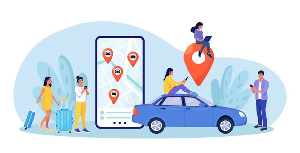 人は自動オンライン車共有サービスを使用します。ルートと都市地図上の車のポイントの位置を持つスマートフォンの画面の近くの男。オンライン注文タクシー、賃貸自動車。自動車を共有する人々のグループ - ベクター画像