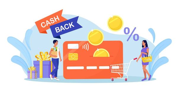 Online cash back or money refund concept. Happy people with purchases receiving cashback for shopping. Woman gets refund on credit card. Saving money, get vouchers and discounts, reward program - Vector, Image