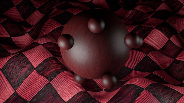 Een halfrond in abstractie. Ontwerp. Een bal in 3D-formaat waaromheen andere kleine ballen draaien op een rode handdoek met zwarte patronen. - Foto, afbeelding