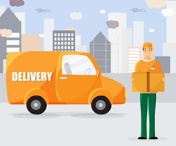 Delivery man in uniform holding a box standing near delivery car on the city background. Vector illustration. - Vector, Image