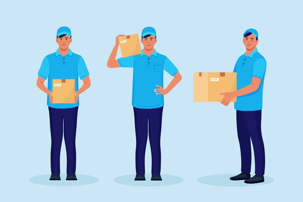 Set of Delivery men with carton box in hands. Courier in cap with parcel - Vector, Image