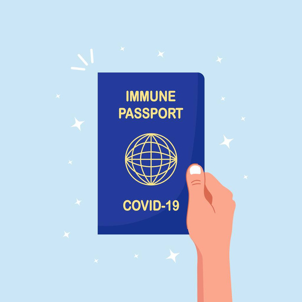COVID-19免疫パスポート。コロナウイルス免疫文書。予防接種証明書。コロナウイルスのパンデミックの間の旅行やビジネスのための国際パスポート - ベクター画像