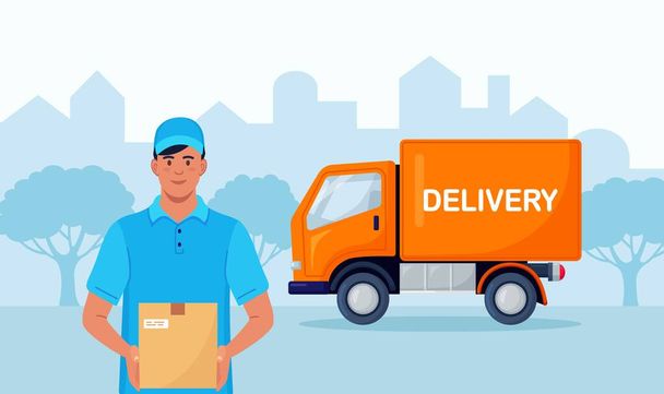 Delivery man, courier holding package with truck on background. Fast delivery by yellow van - Vector, Image