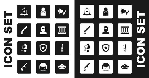 Set Megaphone, Thief mask, Police rubber baton, British police helmet, Prison window, Human target sport for shooting, Military knife and Footsteps icon. Vector - Vector, Image