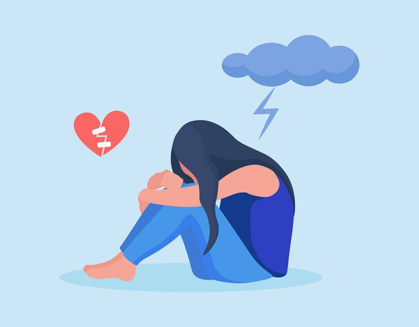 Sad, unhappy woman who suffers from mental health diseases is sitting under dark cloud. Girl with symptoms of depression disorder: broken heart, anxiety, crisis, tears, exhausted, overworked, tired - Vector, Image