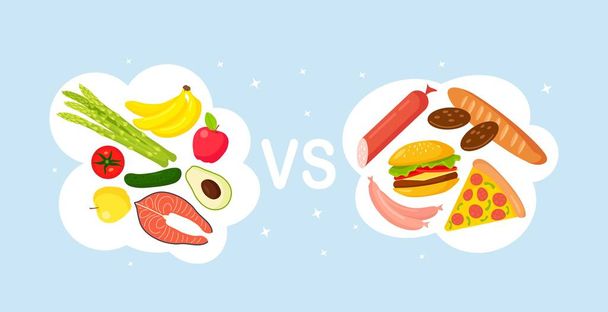 Comida saudável vs junk food. Estilo de vida insalubre com pizza, hambúrguer, pão e açúcar. Nutrição saudável inclui legumes, peixes e frutas - Vetor, Imagem