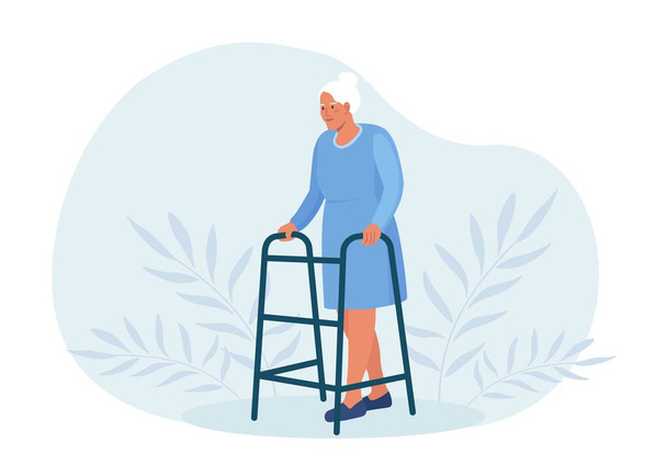 障害者の女性は、整形外科の歩行者にもたれて歩いている。医学リハビリテーション理学療法活動。高齢者のための専門的な支援機器。引退したばかりの祖母 - ベクター画像