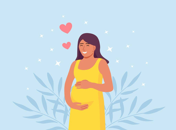 Ευτυχισμένη όμορφη έγκυος γυναίκα κρατά την κοιλιά της. Ιστορικό διακοσμημένα όμορφα φύλλα και καρδιές - Διάνυσμα, εικόνα