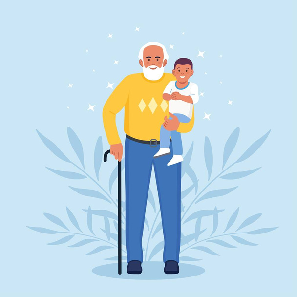 Grand-père tient son petit-fils dans ses bras. Grand-père avec amour étreignant garçon enfant. Générations et relations familiales - Vecteur, image