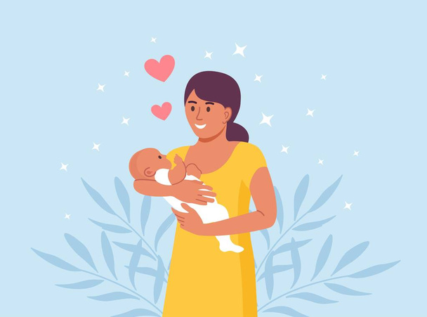 Boldog anya a karjaiban tartja a kisbabáját. Anyaság és törődés a gyerekekkel. Nő újszülött kezével - Vektor, kép