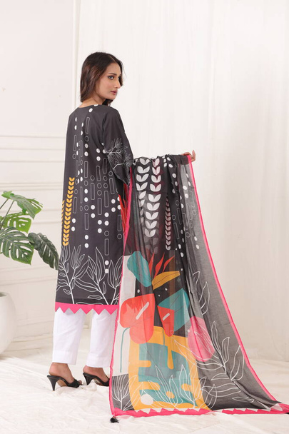 パキスタンのシャルワー・カメスのスーツとデュパッタ。パキスタンのモデルは彼女のドレスでスタイル. - 写真・画像