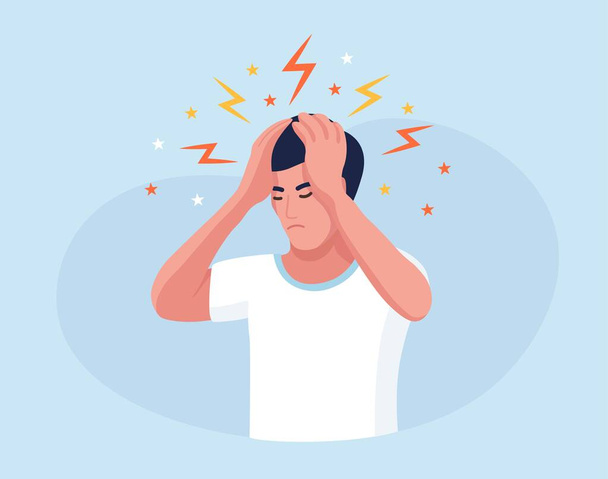 Sad man with strong headache, tired and exhausted person holding head in hands. Migraine, chronic fatigue and nervous tension,  depression, stress or flu symptom - Vector, Image