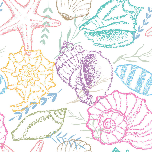 Seashells and seaweed in color. Vector seamless pattern. - Vetor, Imagem