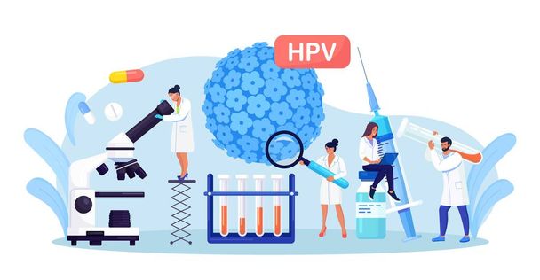 Ludzki wirus brodawczaka. Diagnoza wirusa HPV u lekarza. Rak szyjki macicy wczesna diagnostyka i kontrola. Naukowiec analizujący zainfekowane komórki. Szczepienie przeciwko HPV w celu zmniejszenia ryzyka zakażenia wirusem lub onkologii - Wektor, obraz