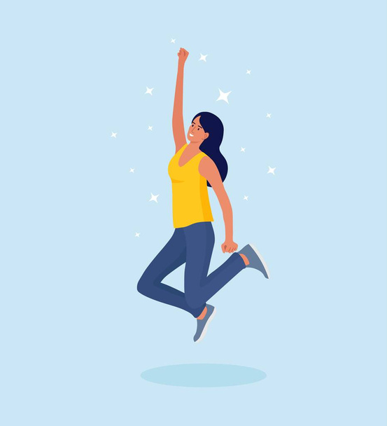 Young woman jump. Happy positive girl jumping and expressing joy. Victory, success celebrating. Student laughing and smiling - Vector, Image