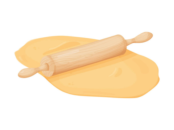 Fresh dough and rolling pin. Rolled out dough for baking, pizza, cookie, biscuit, bread. - Vector, Image