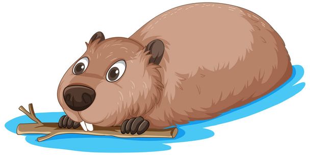 A beaver holding a wood stick in the water illustration - Vector, Image