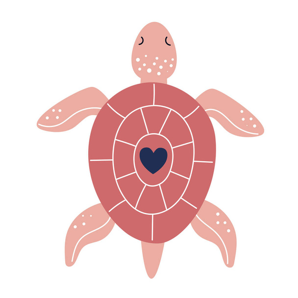Cute pink sea turtle, underwater wild animals. Flat vector illustration isolated on white background. - Вектор,изображение
