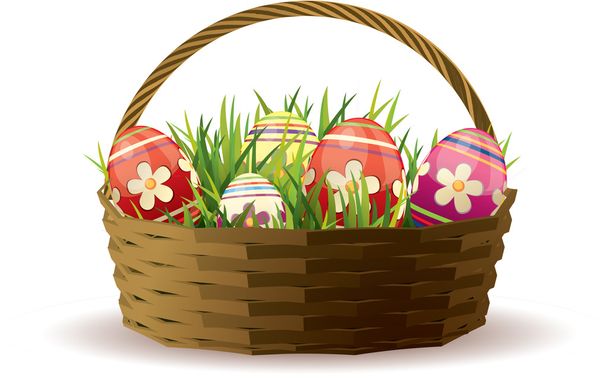 Easter basket with painted eggs in fresh grass - Vector, Imagen