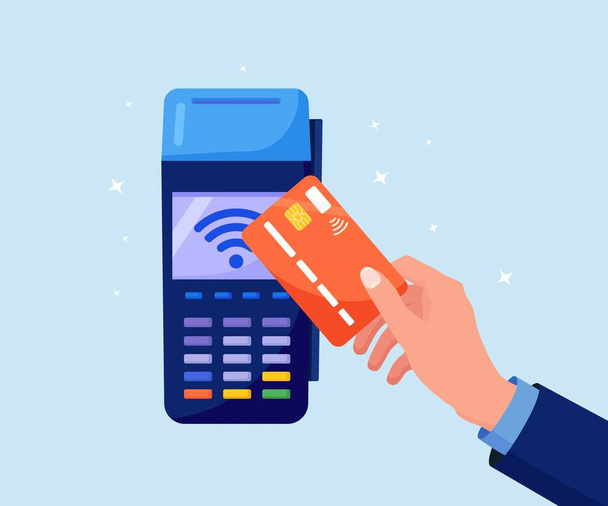 Kontaktloses Bezahlen. Die menschliche Hand hält die Kredit- oder EC-Karte in der Nähe des Kassenterminals, um zu bezahlen. Transaktion mittels NFC-Technologie - Vektor, Bild