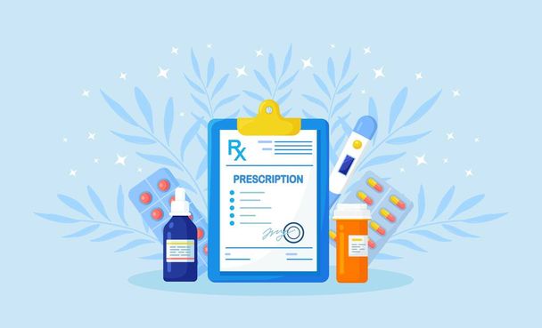 Rx ιατρική συνταγή έντυπο για φάρμακα, χάπια μπουκάλι, κυψέλες με κάψουλες. Φαρμακολογία, φαρμακευτική βιομηχανία, φάρμακα θεραπείας, συσκευές υγείας. Εικονογράφηση διανύσματος - Διάνυσμα, εικόνα