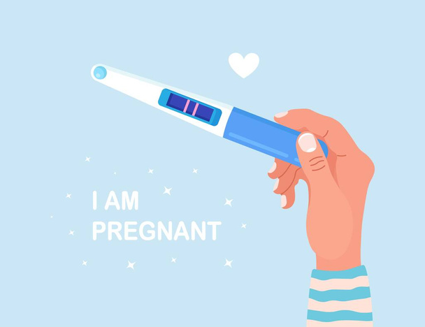 Krásná ženská ruka drží těhotenský nebo ovulační test s pozitivním výsledkem jako dva řádky. Těhotná žena čeká na porod. Plánování koncepce dítěte, mateřství a zdravotní péče - Vektor, obrázek