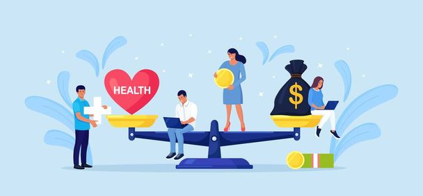 Money and health balance. Healthcare, wealth earning on scales. Stack of cash versus red heart on scale. Imbalance of lifestyle and work. Tiny people compare business stress and healthy life - Vector, Image