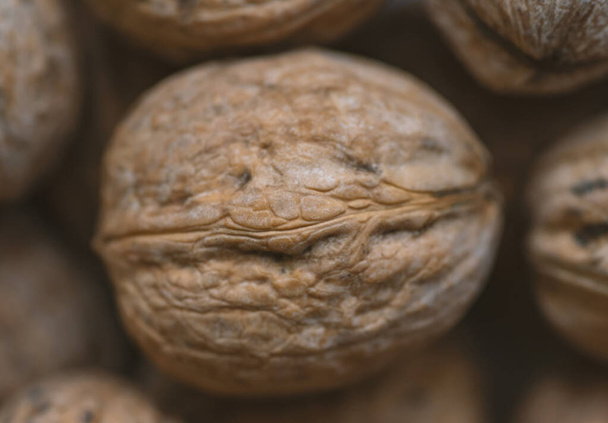 Lot of  walnuts in the pile.Background of fresh walnuts. - Photo, image