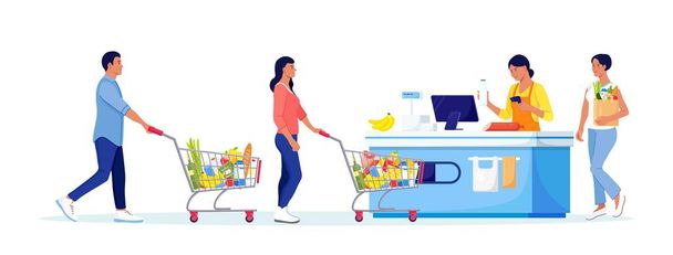 Zákazníci stojí ve frontě v supermarketu s nákupním vozíkem. Žena si koupila pokladní stůl, aby zaplatila. Fronta v obchodě. Nákup potravin - Vektor, obrázek
