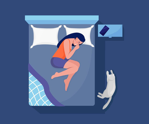 Žena spící v noci s knihou a kočkou. Dívka spí v posteli na polštáři pod peřinou. Klidný sen a klid. Čas odpočinku a pohodlný odpočinek. Sladké sny, dobré zdraví - Vektor, obrázek