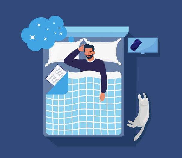 男は本と猫と夜寝ている。人はduvetの下の枕のベッドで眠る。穏やかな夢とリラックス。休憩時間と快適なリラクゼーション。甘い夢、健康 - ベクター画像